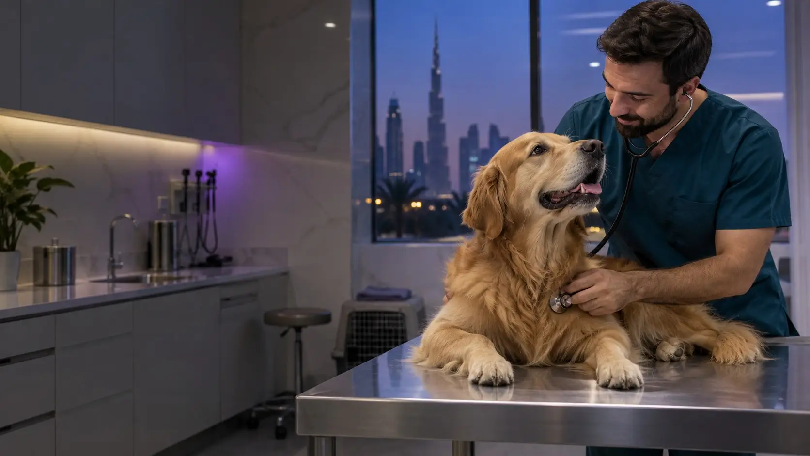 طبيب بيطري يفحص صدر كلب غولدن ريتريفر بالسماعة على طاولة الفحص مساءً، وأفق دبي يظهر من النافذة خلفهما
