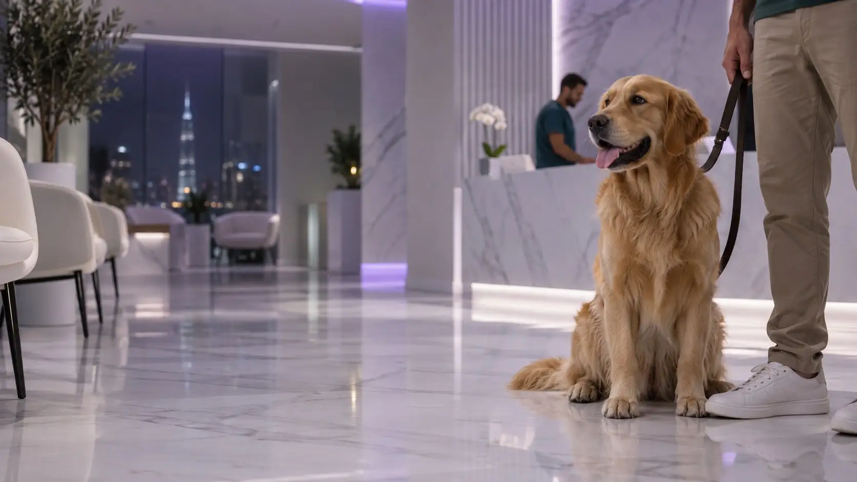 A golden retriever sits on the clinic floor beside its owner (illustrative image)