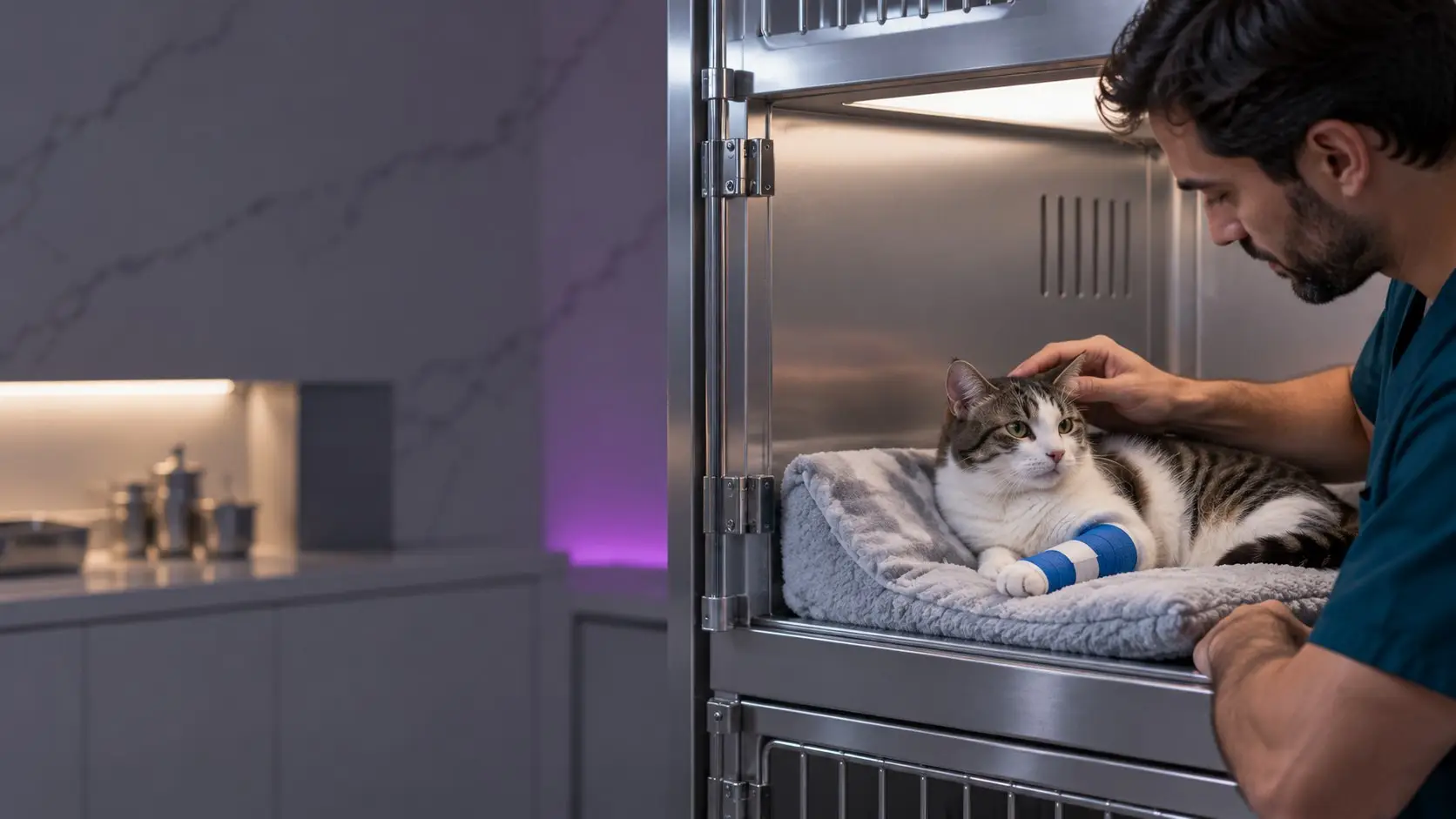 A cat with a bandaged front leg rests in a recovery kennel (illustrative image)